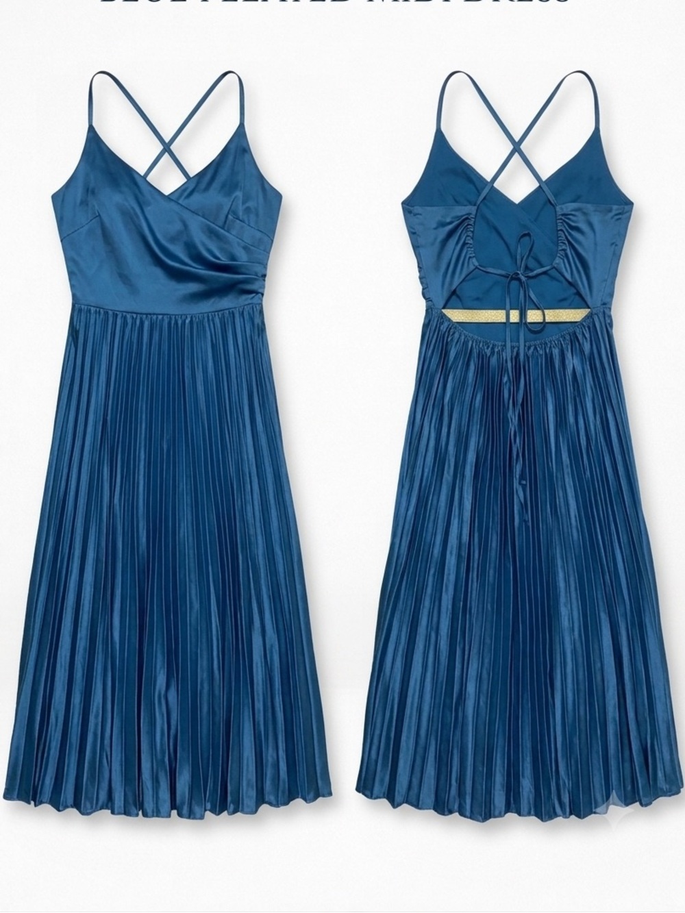 HALARA Blue Pleated Satin Midi Dress with Crossback Straps
